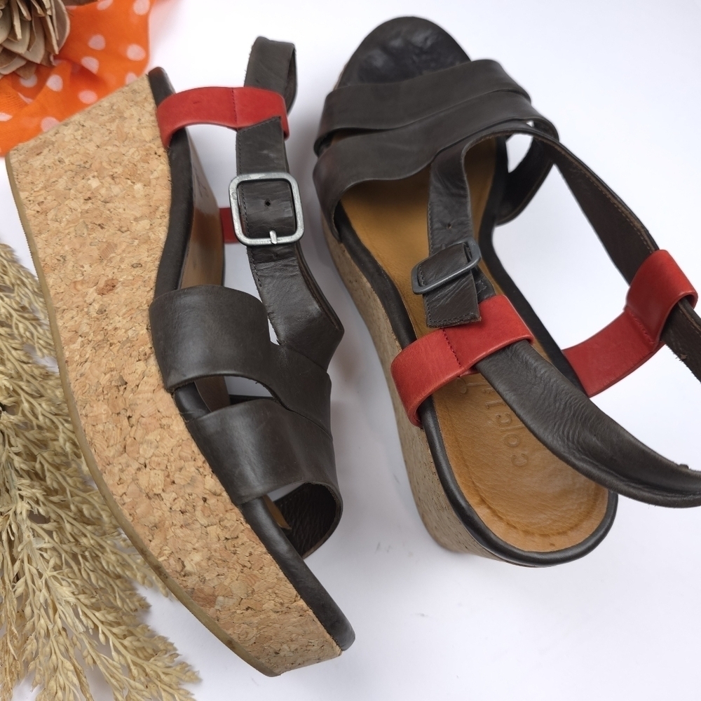 Coclico Women's Black and Red Wedge Cork Platform Sandals Sz 9.5m - Picture 7 of 9
